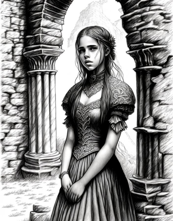 Monochrome sketch of young woman in vintage gown amid stone arches