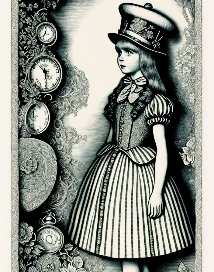 Monochromatic illustration of girl in striped dress with hat and pocket watches.