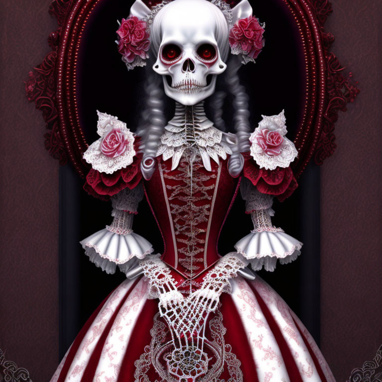 Skeletal figure in gothic dress with fan, dark curtains, and roses