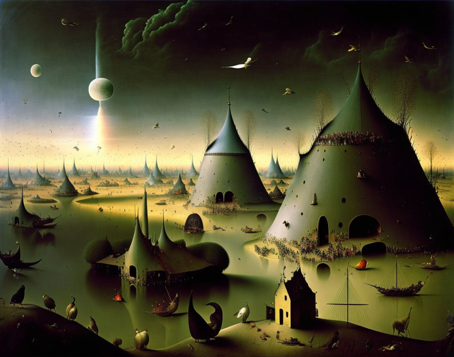 Surreal landscape with conical structures, boats, and small figures under a starry sky