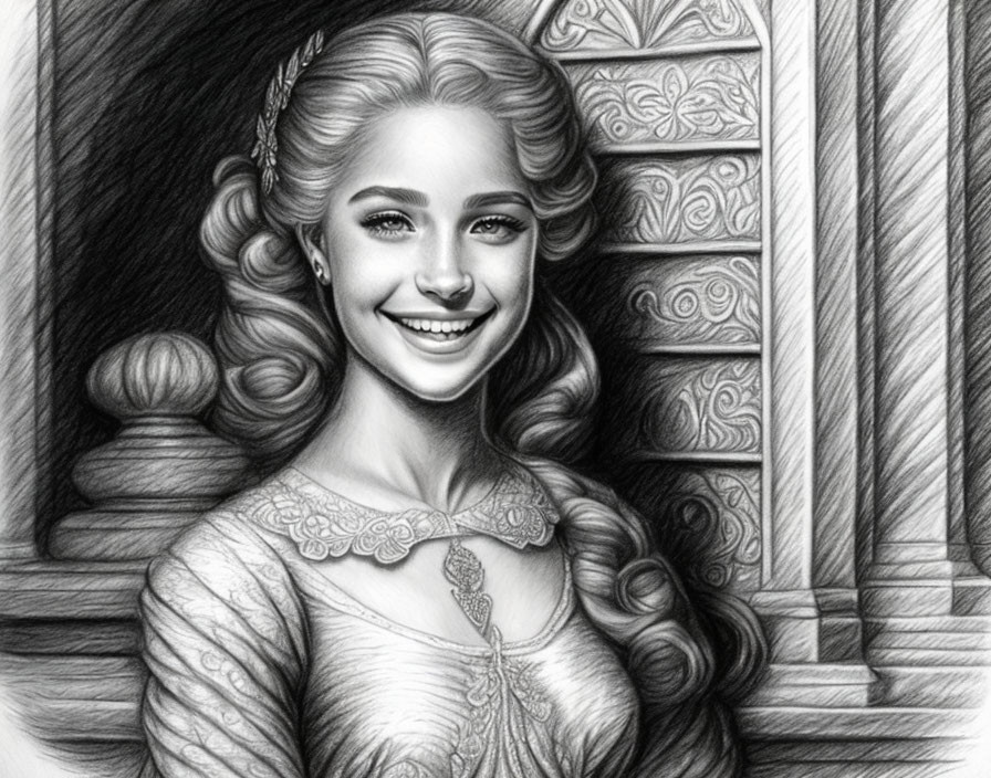 Detailed pencil drawing of a smiling woman with braided hair in period dress next to patterned column