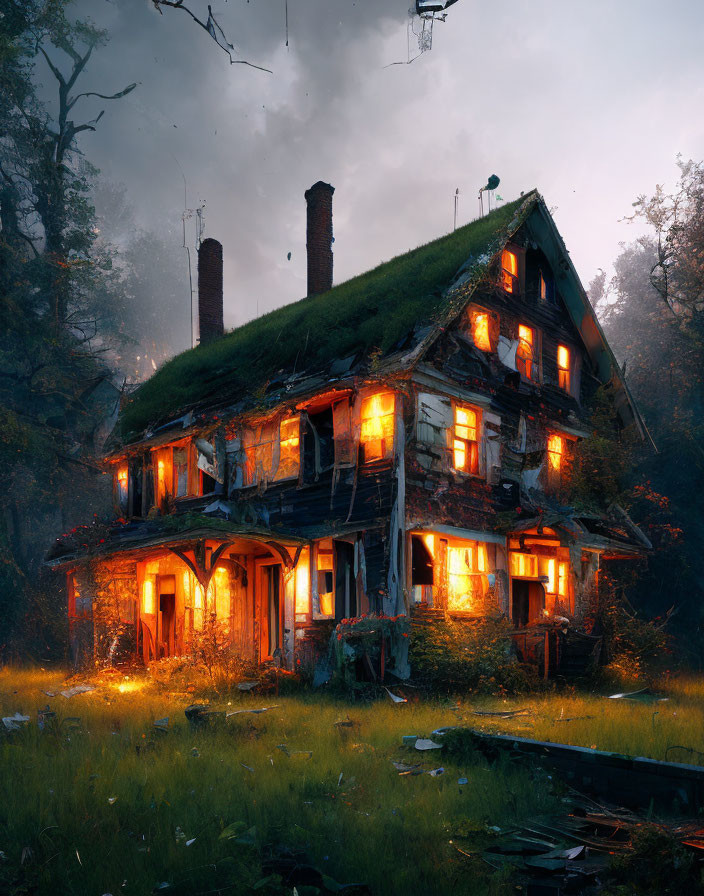 Dilapidated two-story house with warm glowing windows at twilight