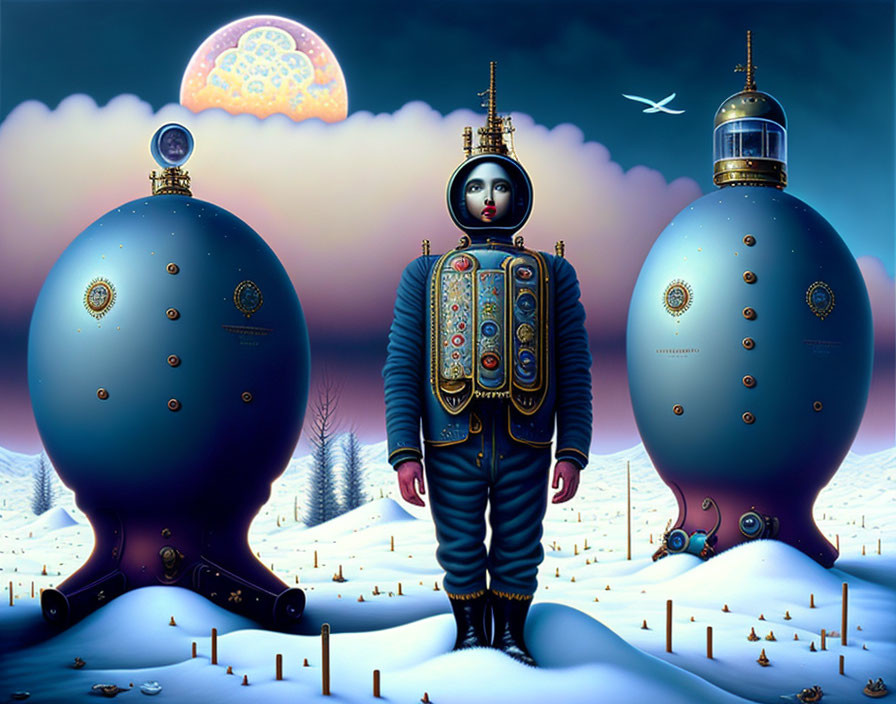 Surreal artwork of person in space suit between spherical structures in snowy landscape