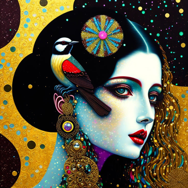 Colorful surreal portrait of woman with cosmic elements and bird