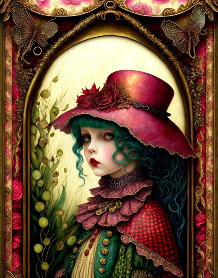 Woman with Green Hair & Red Hat, Surrounded by Butterflies & Roses