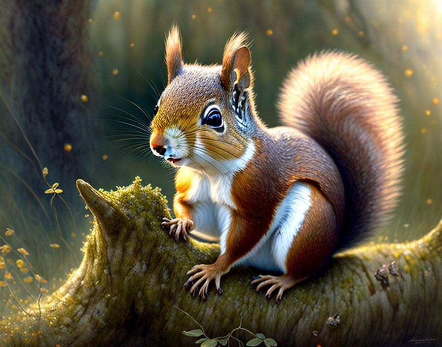 Detailed Illustration: Squirrel on Tree Branch in Enchanted Forest