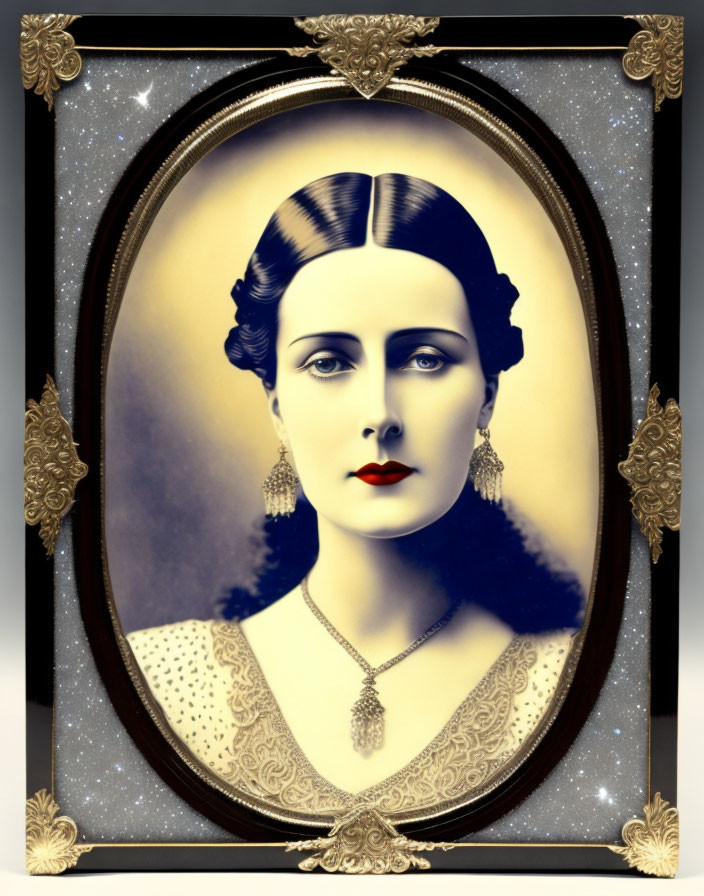 1930s-inspired vintage portrait with ornate frame and starry background