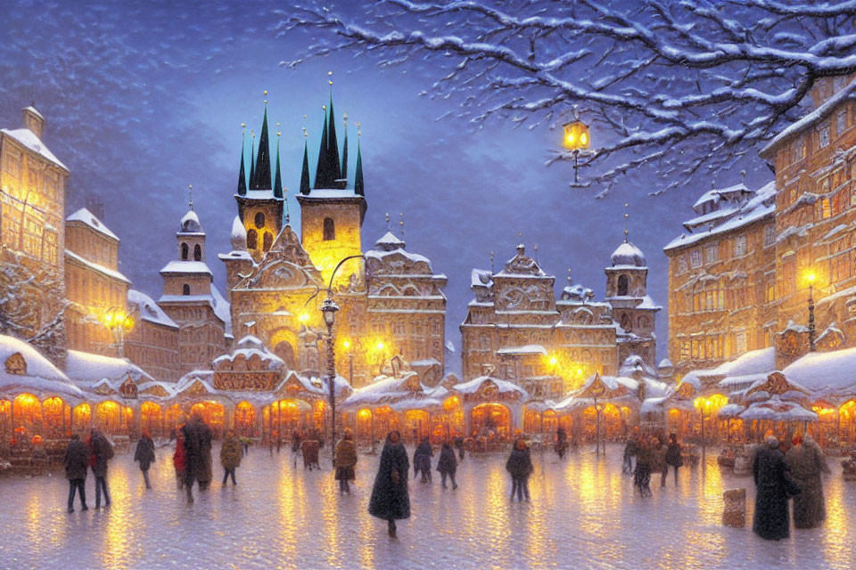 Traditional European square on snowy evening with baroque buildings and church, people mingling under streetlights