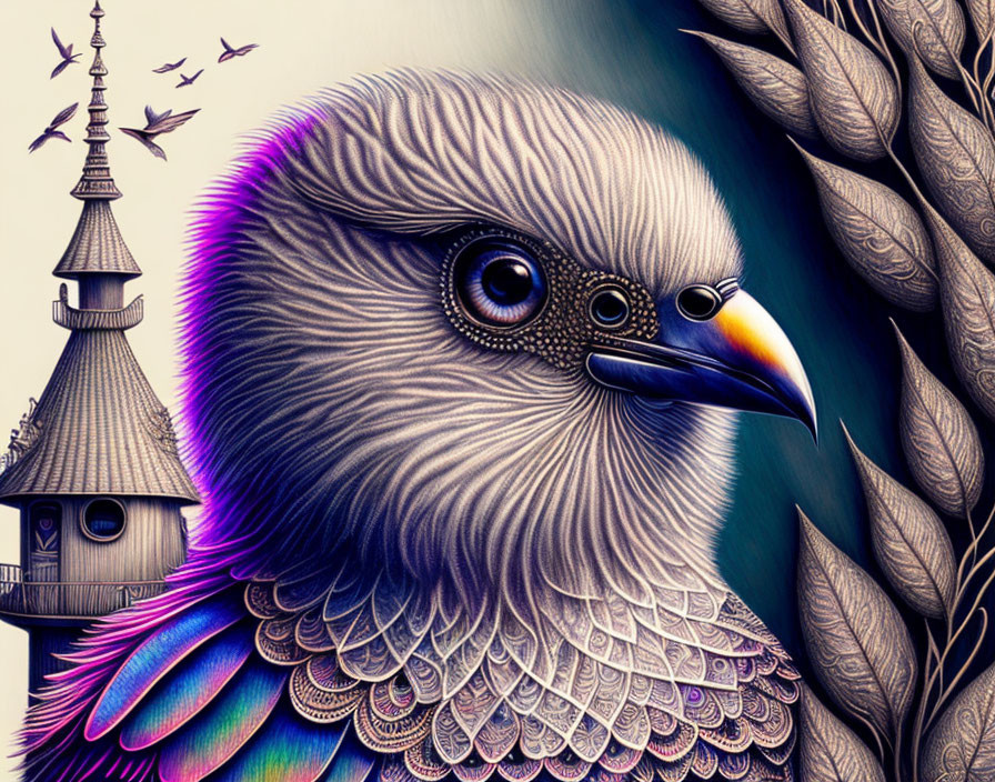 Detailed bird illustration with stylized plants and whimsical tower