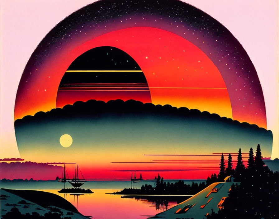 Colorful retro-futuristic sunset art with trees, lake, stars, and boat