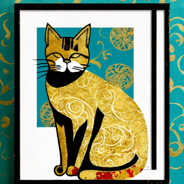 Stylized yellow cat graphic art in gold frame on blue background