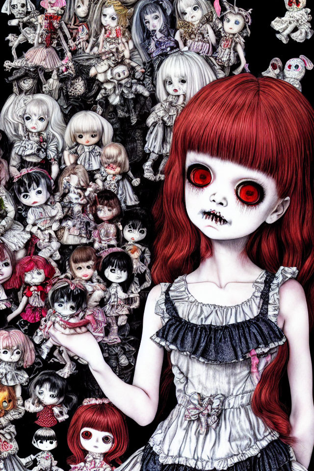 Red-eyed girl surrounded by eerie dolls and skulls in black, white, and red tones.