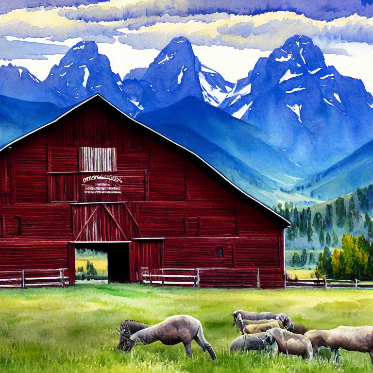 Red barn, mountains, horses: picturesque scenery.