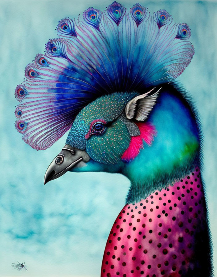 Colorful hybrid creature with peacock and feline traits in blue, green, and pink.