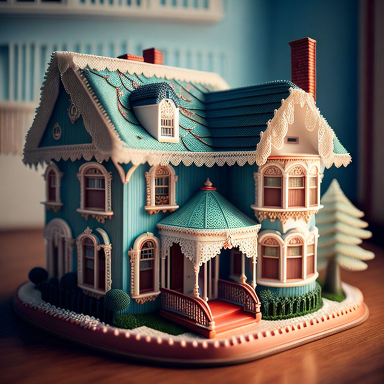 Detailed Miniature Victorian House with Blue Exterior, White Trimmings, and Red Chimney