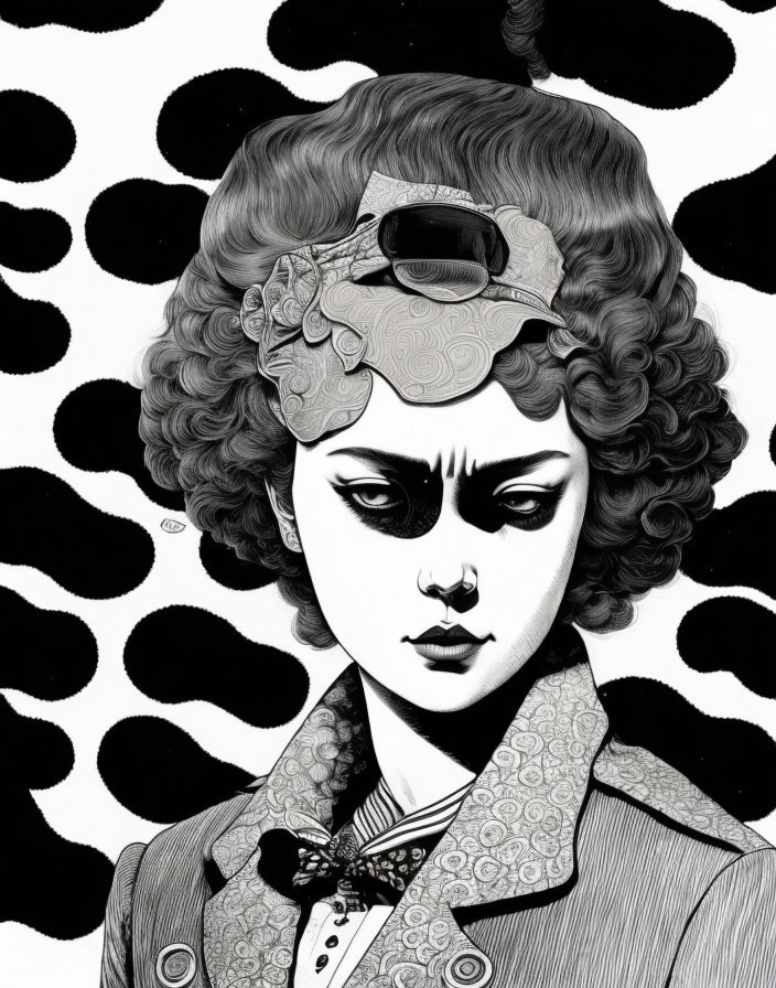 Woman with Curly Hair and Sunglasses in Black and White Illustration