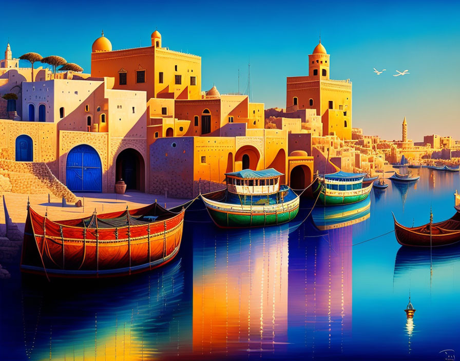 Colorful Coastal Town Illustration with Boats and Birds