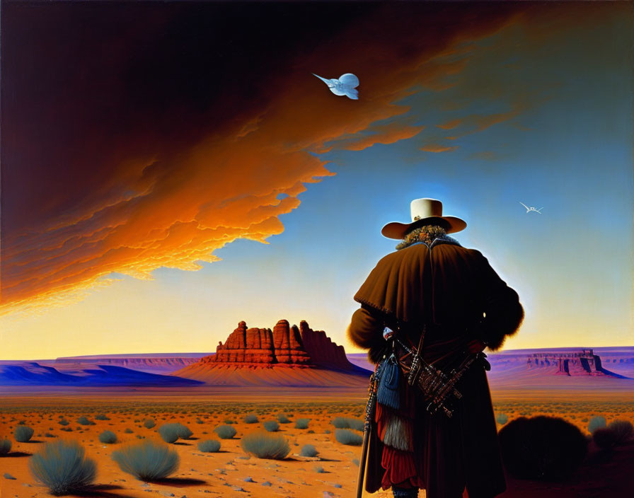 Native American Figure in Desert Landscape at Sunset