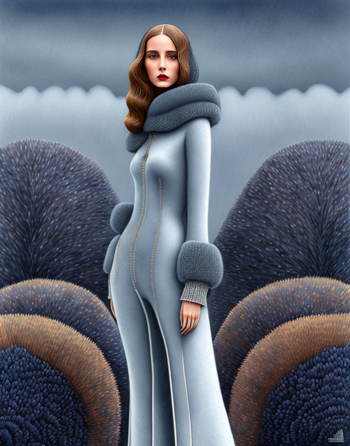 Stylish woman in blue coat blends with surreal hill-like background