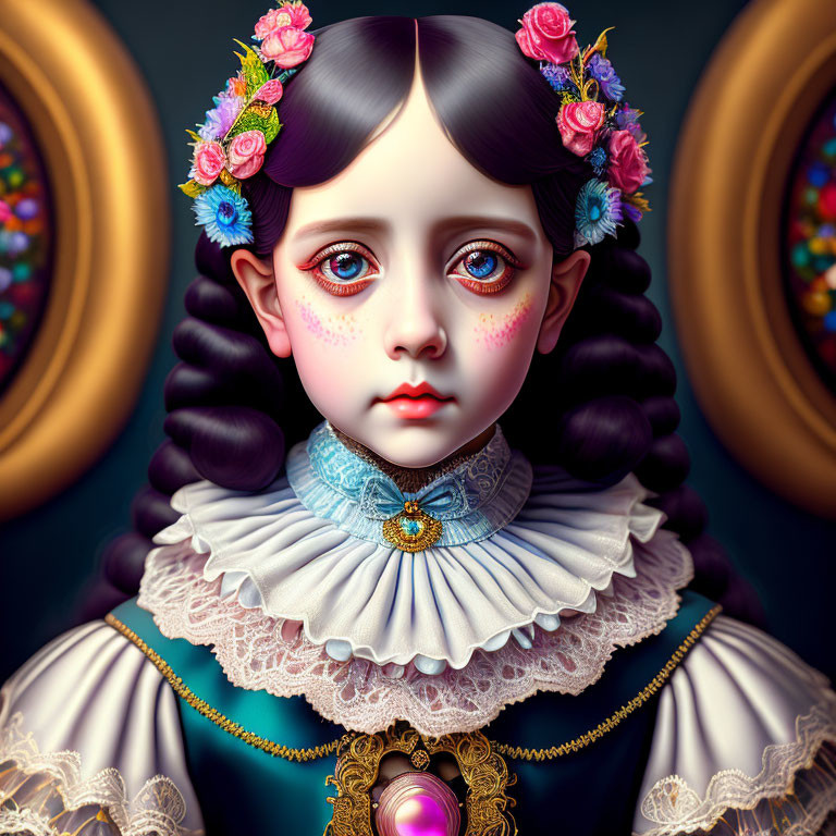 Surreal illustration of a girl with sad eyes, ringlet hair, ruffled collar dress,