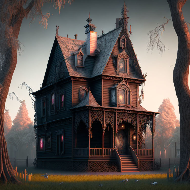 Dark Victorian-style house at twilight with ornate woodwork and bare trees