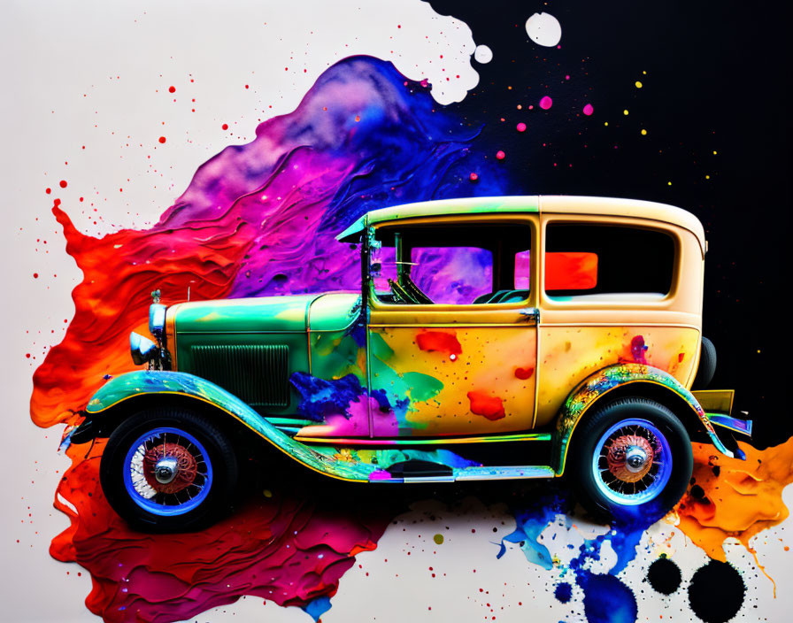 Vintage car painted with vibrant colors on white background