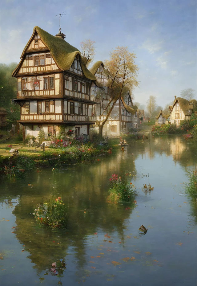 Tranquil river by traditional half-timbered house in a serene village setting