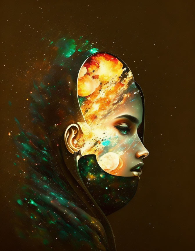 Cosmic-themed digital artwork of a woman profile with colorful celestial bodies and stardust on dark background