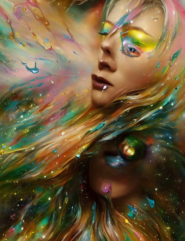 Vibrant cosmic-themed portrait with galaxy-like paint splatters