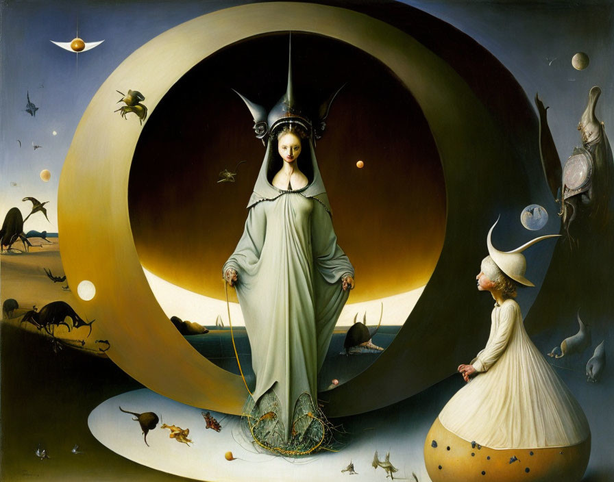 Surreal painting: Woman in gown, floating ring, knight, planets, whimsical creatures