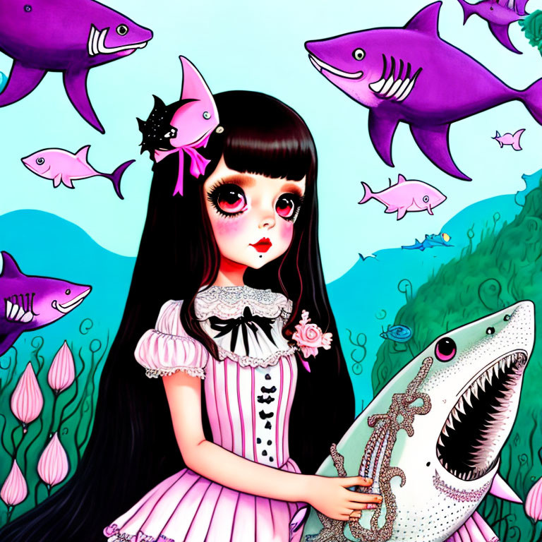 Gothic girl with sharks and fish on teal background holding seahorse in black and white dress