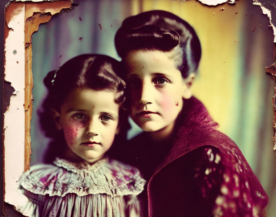 Vintage colorized photo of two somber young girls with torn border