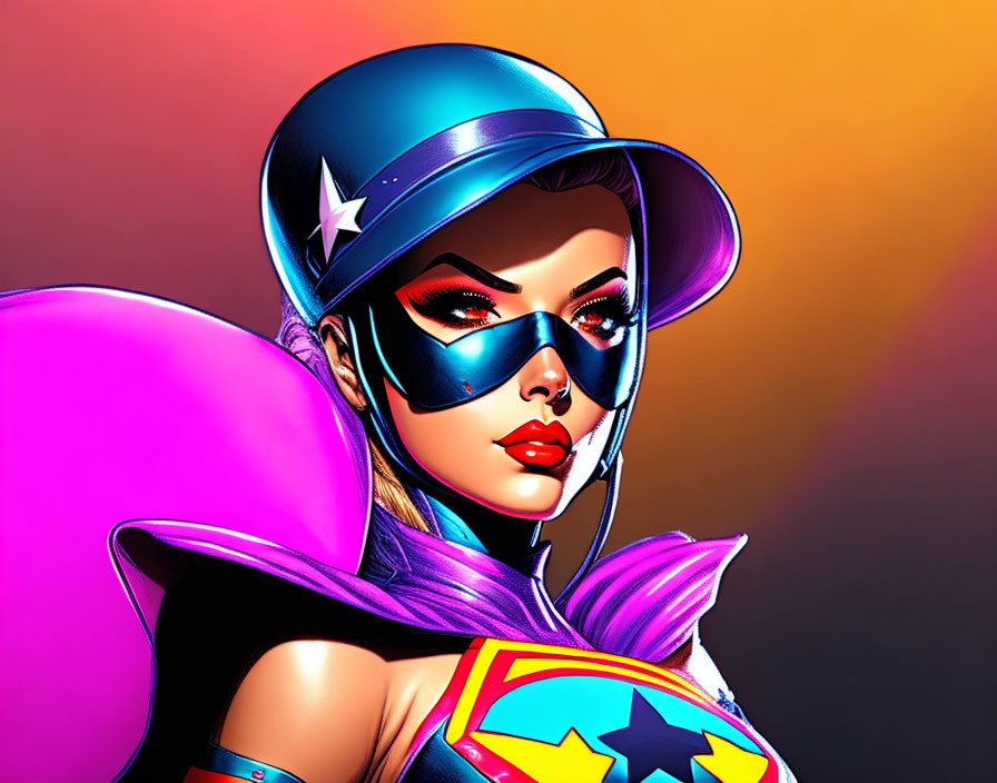 Female superhero digital illustration with blue helmet, cape, and star emblem on chest.