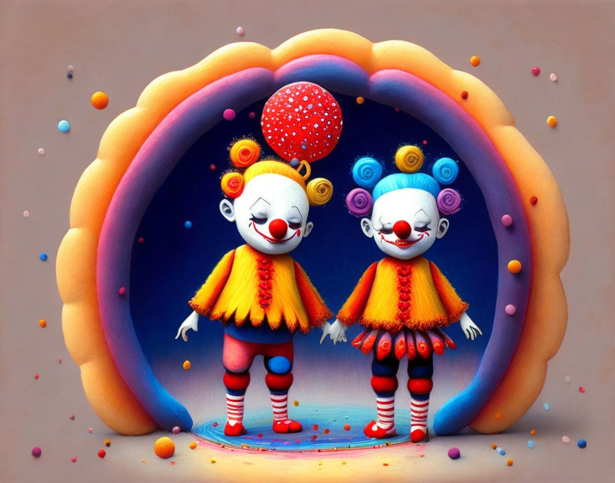 Colorful clown characters in whimsical rainbow portal with candy-like dots