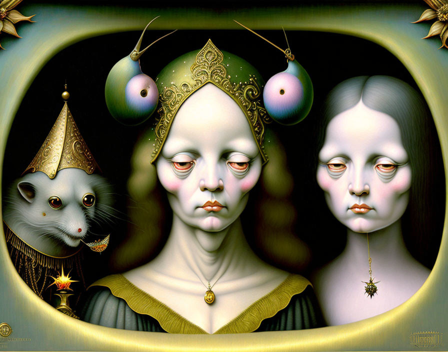 Surreal artwork: Pale faces, opulent headgear, white animal with cone hat on dark