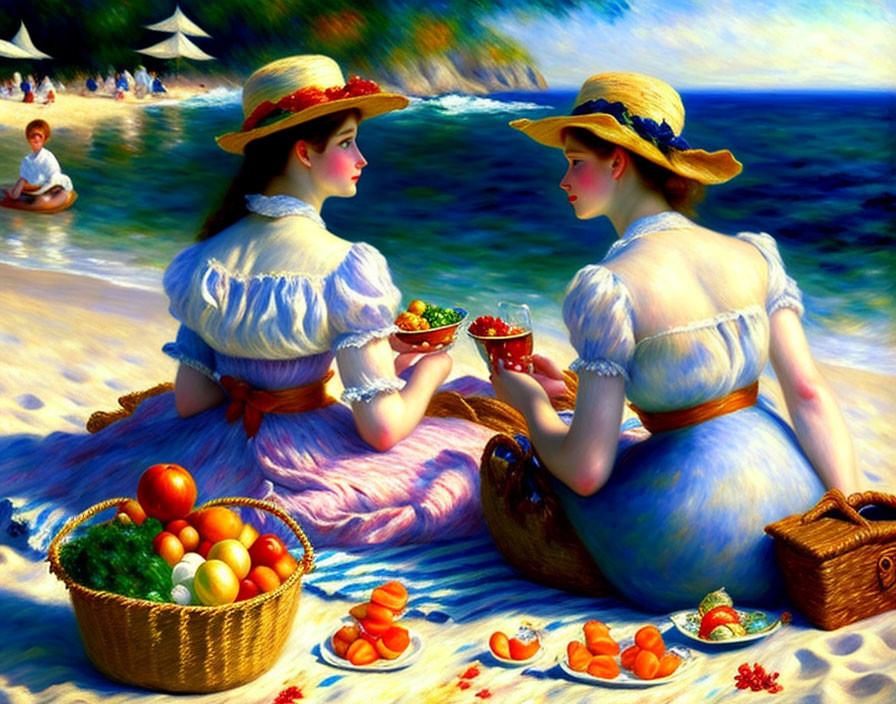 Vintage-dressed women sharing fruit on beach with ocean view