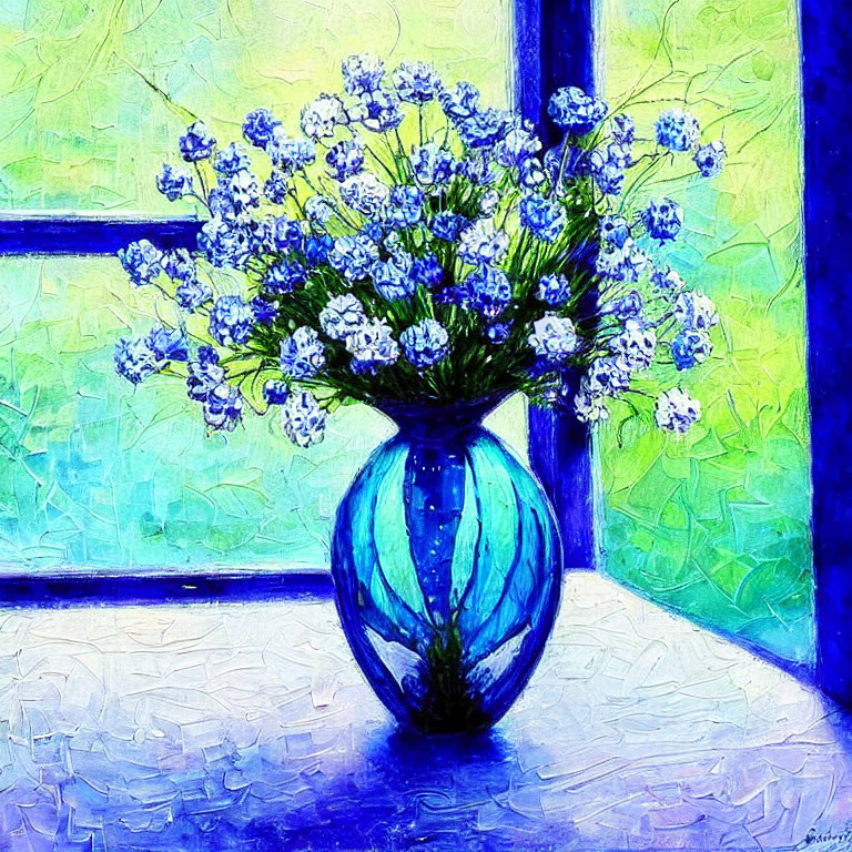 Impressionistic white flowers in blue vase, textured with blues and greens