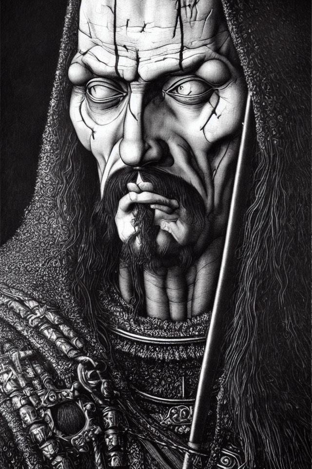 Monochrome artwork of stern, bearded man in armor with scepter.