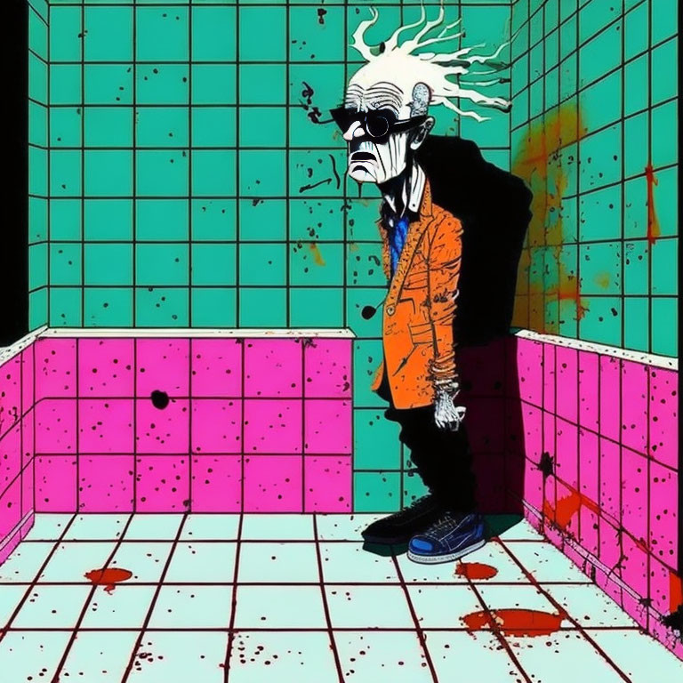 Elderly Man in Colorful Suit in Tiled Room with Blood Splatters