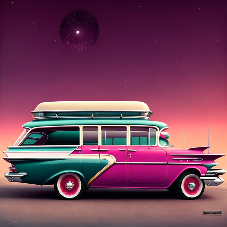 Vintage Two-Tone Station Wagon with Surfboard Under Twilight Sky