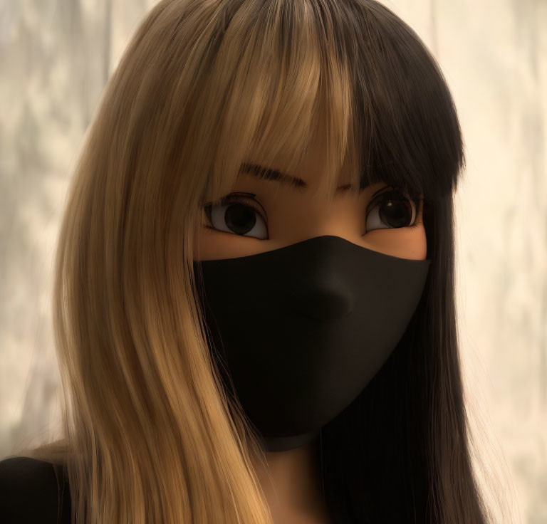 Blond person with brown eyes in black face mask