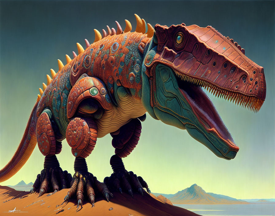 Mechanical dinosaur illustration with intricate patterns and armor plating in mountain landscape