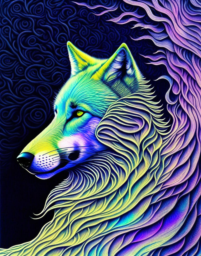 Colorful Wolf Illustration with Psychedelic Hues and Swirling Design