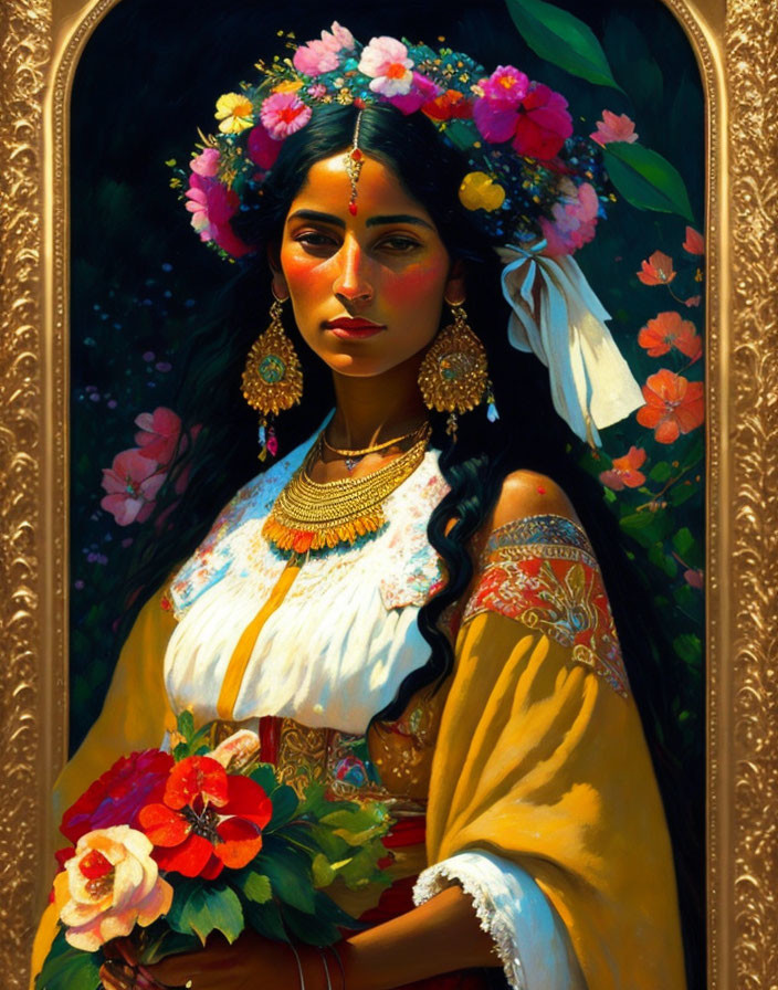 Traditional attire woman with floral headpiece painting in gold frame