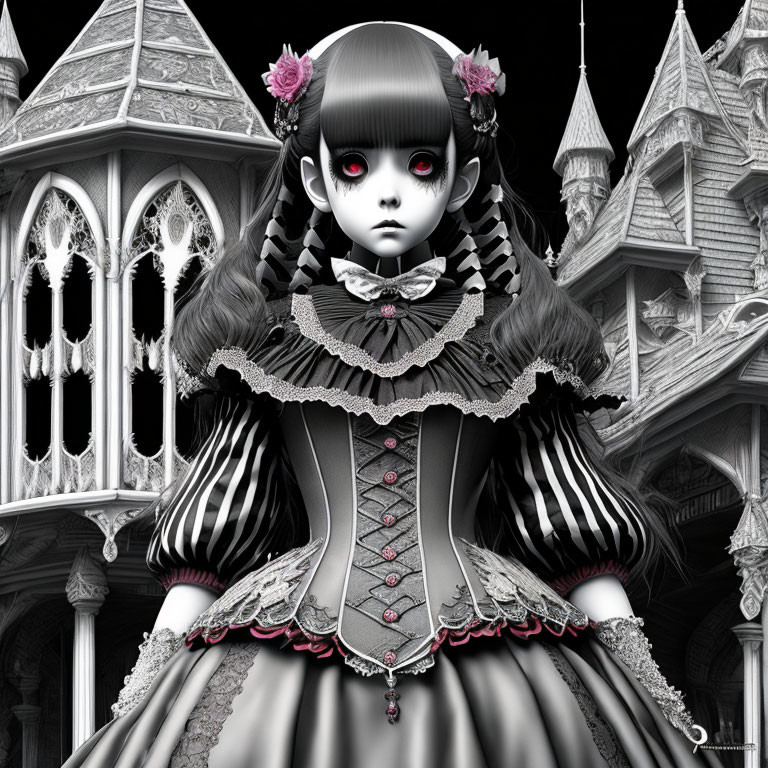 Gothic doll with red eyes in Victorian outfit against monochrome castle.