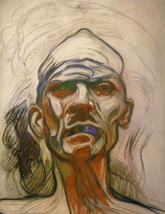 Abstract painting: Distorted human face with swirling lines, green eyes, earthy colors