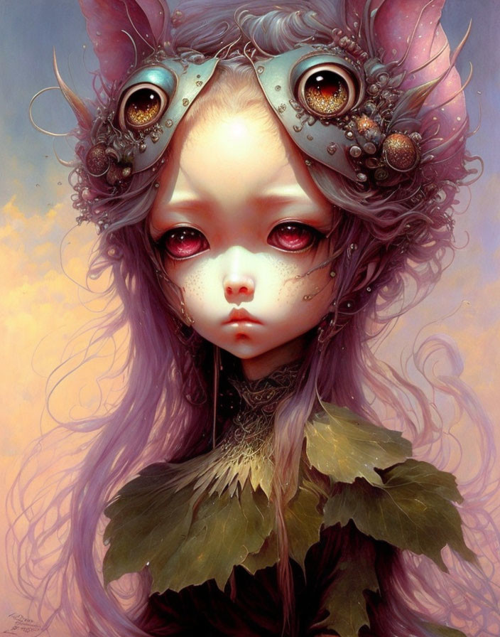 Whimsical character with large eyes in steampunk headpiece and leafy attire