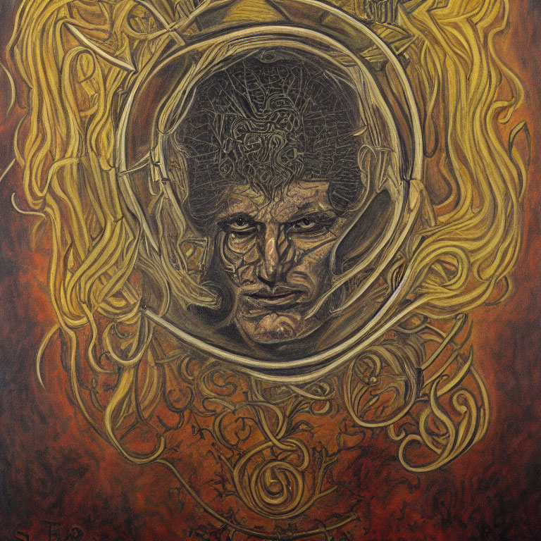 Male face in ornate circular frame with swirling golden patterns on fiery red background