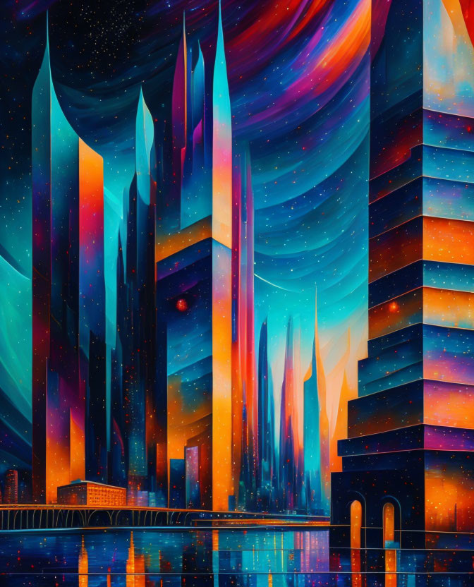 Futuristic neon cityscape with cosmic patterns and skyscrapers