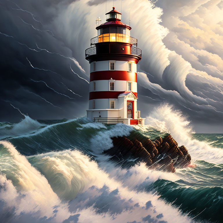 Resilient lighthouse on rocky shore under stormy sky